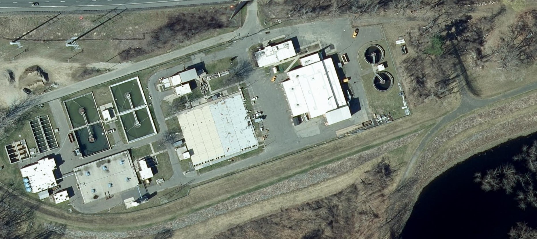 Aerial view of the Chicopee Water Pollution Control Facility. The Connecticut River is located to the west. Quinn Lonczak photo