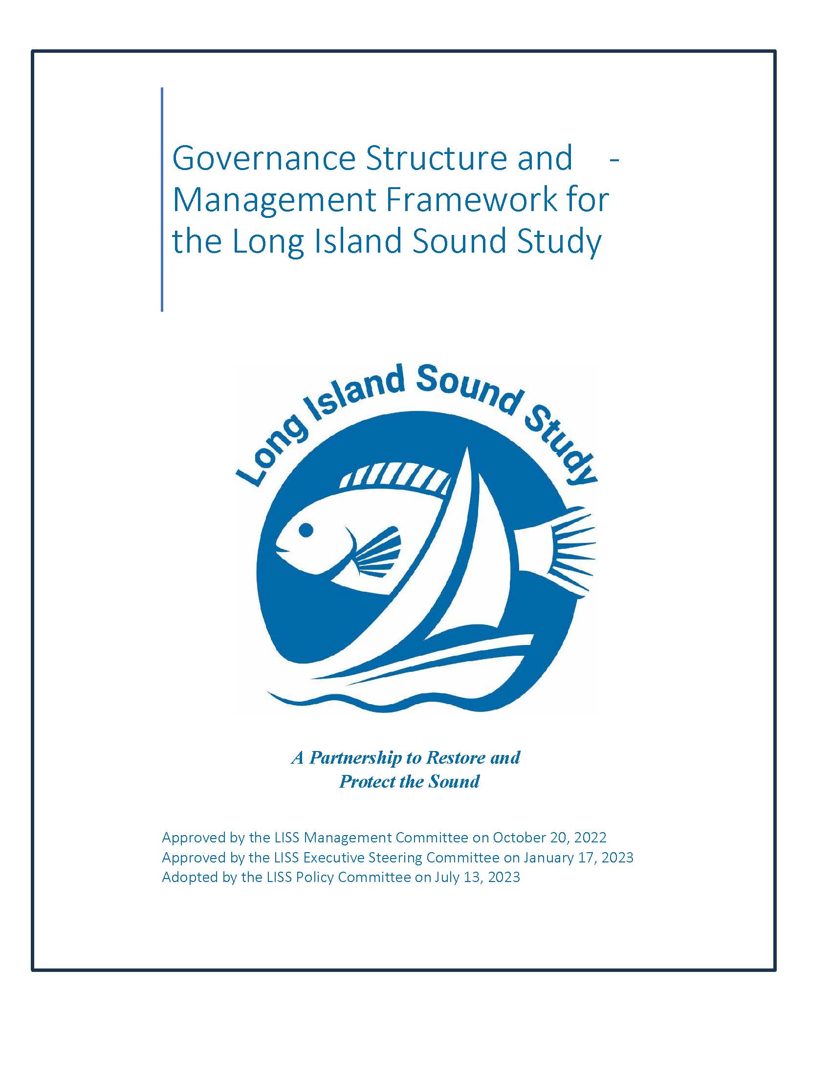 This image is the cover for the document titled: "Governance Structure and Management Framework for the Long Island Sound Partnership."