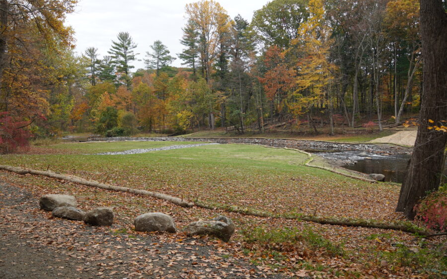 A wide view of a post-removal dam site in the fall. 