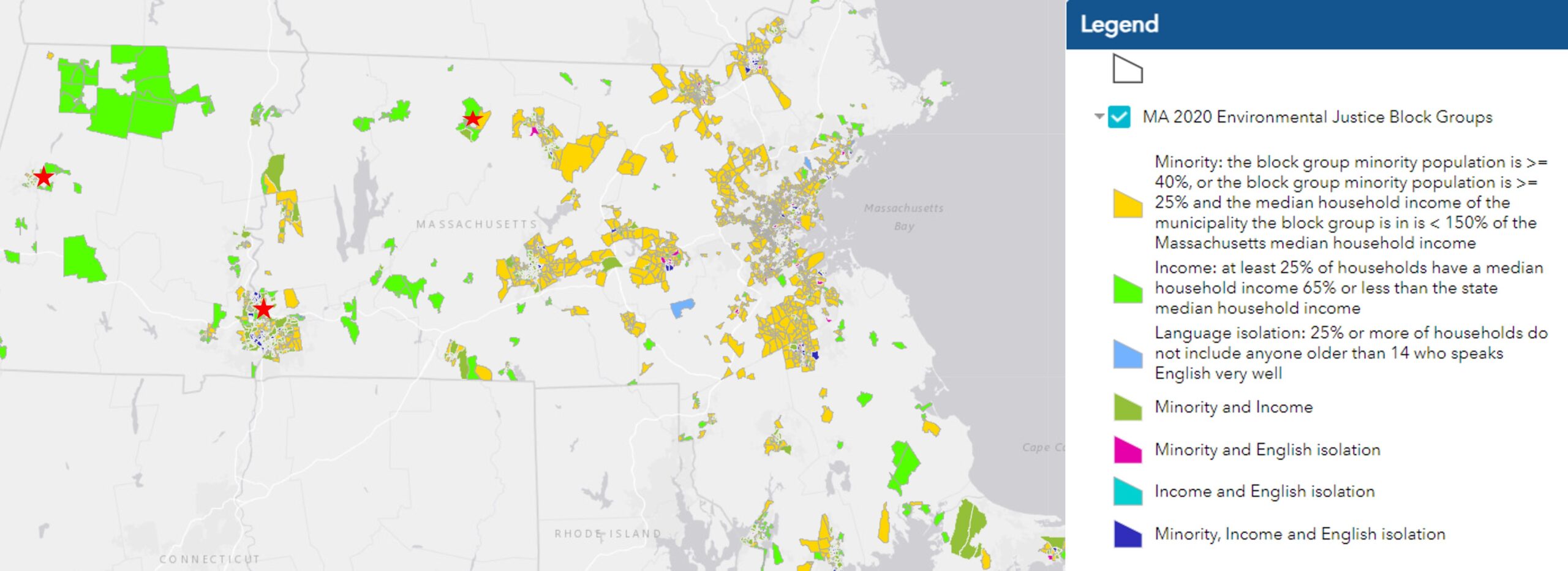 A map of Massachusetts with colored blocks indicating environmental justice groups. To the left is a legend explaining how each color coordinates to each block. By clicking this image, you will be navigated to the interactive map page. 
