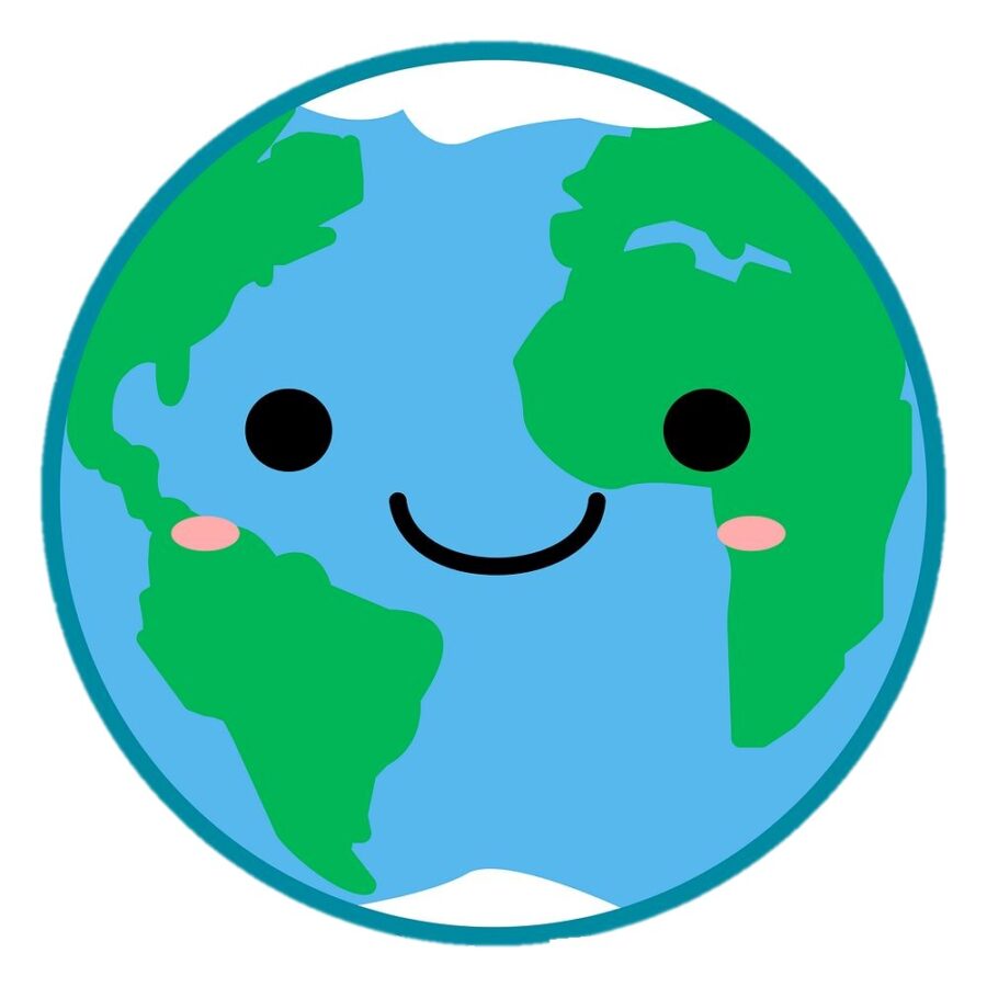 a smiling earth cartoon with pink cheeks
