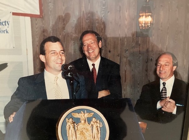 David Miller speaking at a Clean Water Jobs Coalition event in 1999. Also pictured is New York Governor George Pataki and Ross Pepe of the Construction Industry Council. Photo courtesy of David Miller.