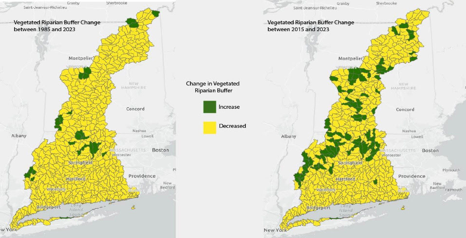 Vegetated Riparian Buffer Change between 1985 and 2023, and the change between 2015 and 2023